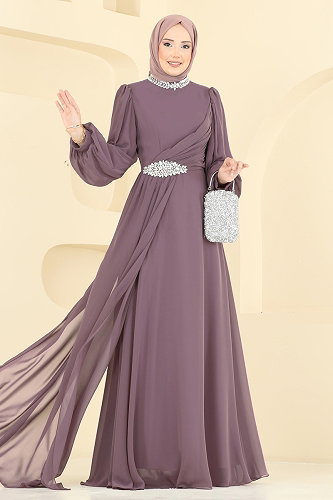 moda selvim فستان سهرة ليلكي غامق 6999YG95 - Thumbnail