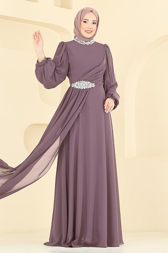 moda selvim فستان سهرة ليلكي غامق 6999YG95 - Thumbnail