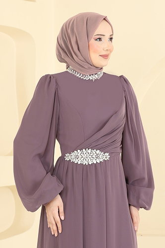 moda selvim فستان سهرة ليلكي غامق 6999YG95 - Thumbnail