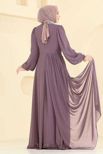 moda selvim فستان سهرة ليلكي غامق 6999YG95 - Thumbnail