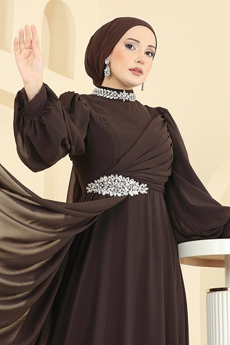 moda selvim فستان سهرة بني فاتح 6999YG95 - Thumbnail