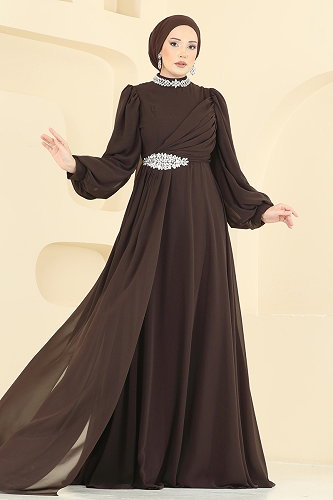 moda selvim فستان سهرة بني فاتح 6999YG95 - Thumbnail