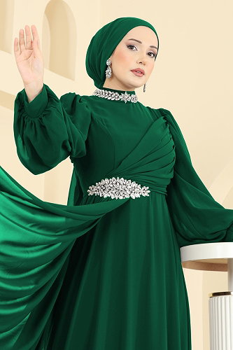 moda selvim فستان سهرة زيتي 6999YG95 - Thumbnail