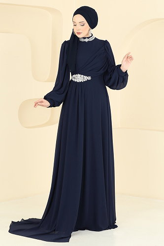 moda selvim Evening Dress 6999YG95 Navy Blue - Thumbnail