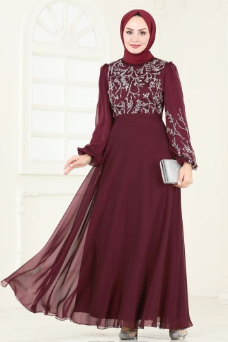 moda selvim Evening Dress 7005AB368 Burgundy - Thumbnail