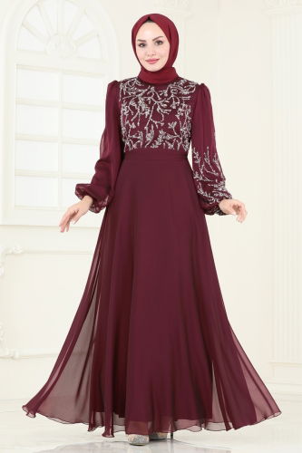 moda selvim Evening Dress 7005AB368 Burgundy - Thumbnail