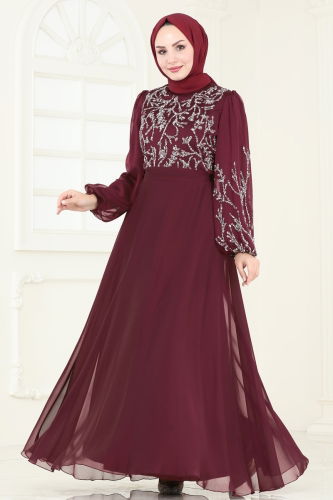 moda selvim Evening Dress 7005AB368 Burgundy - Thumbnail