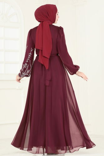 moda selvim Evening Dress 7005AB368 Burgundy - Thumbnail