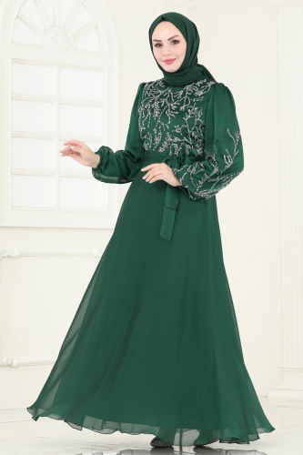 moda selvim Evening Dress 7005AB368 Emerald - Thumbnail