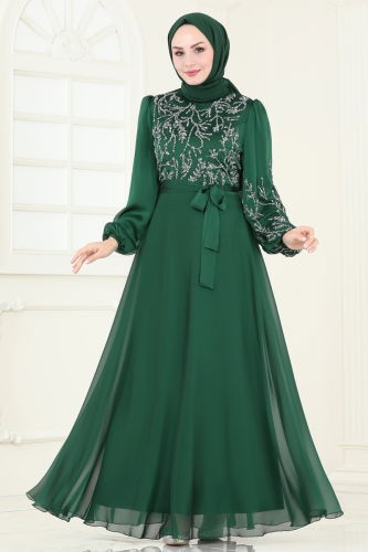 moda selvim Evening Dress 7005AB368 Emerald - Thumbnail