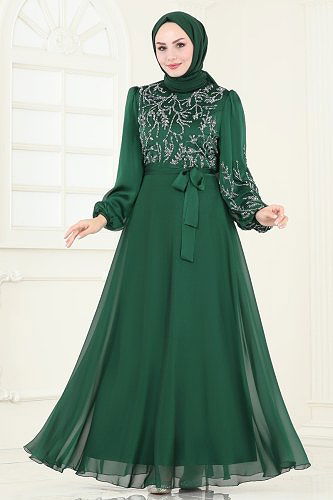 moda selvim فستان سهرة زيتي 7005AB368 - Thumbnail