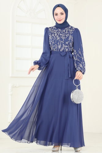 moda selvim Evening Dress 7005AB368 Indigo - Thumbnail