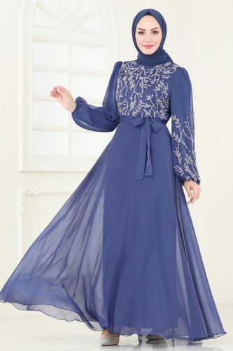 moda selvim Evening Dress 7005AB368 Indigo - Thumbnail