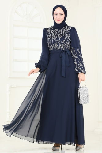 moda selvim Evening Dress 7005AB368 Light Navy Blue - Thumbnail