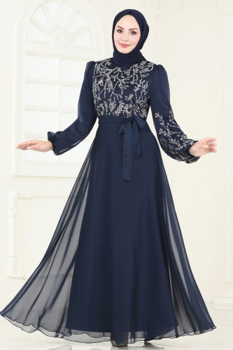 moda selvim Evening Dress 7005AB368 Light Navy Blue - Thumbnail