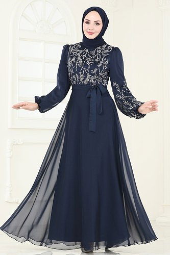 moda selvim Evening Dress 7005AB368 Light Navy Blue - Thumbnail