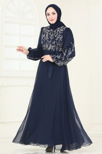 moda selvim Evening Dress 7005AB368 Light Navy Blue - Thumbnail