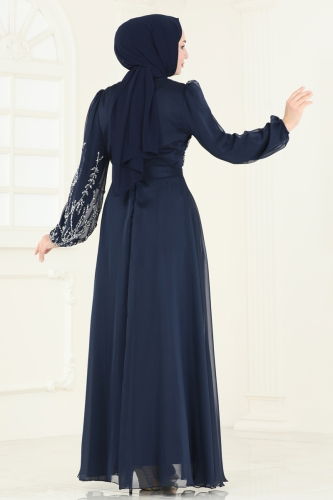 moda selvim Evening Dress 7005AB368 Light Navy Blue - Thumbnail