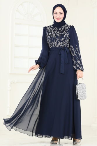 moda selvim Evening Dress 7005AB368 Navy Blue - Thumbnail