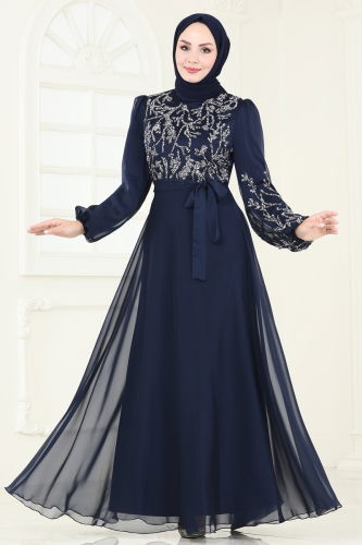 moda selvim Evening Dress 7005AB368 Navy Blue - Thumbnail