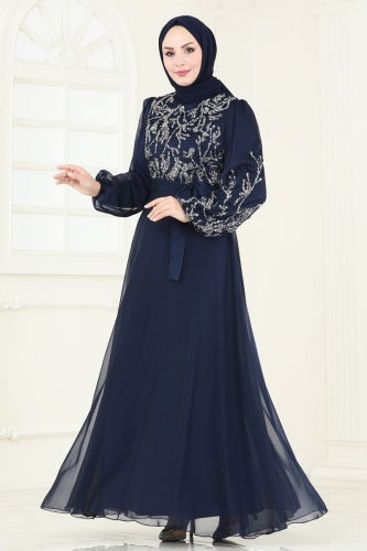 moda selvim Evening Dress 7005AB368 Navy Blue - Thumbnail