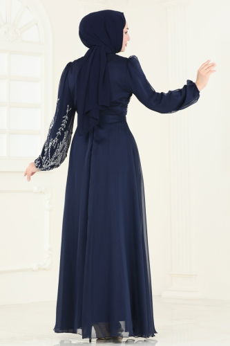 moda selvim Evening Dress 7005AB368 Navy Blue - Thumbnail