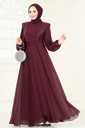 moda selvim Evening Dress 7007AB368 Burgundy - Thumbnail