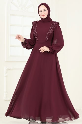 moda selvim Evening Dress 7007AB368 Burgundy - Thumbnail