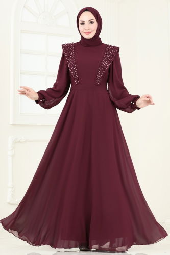 moda selvim Evening Dress 7007AB368 Burgundy - Thumbnail