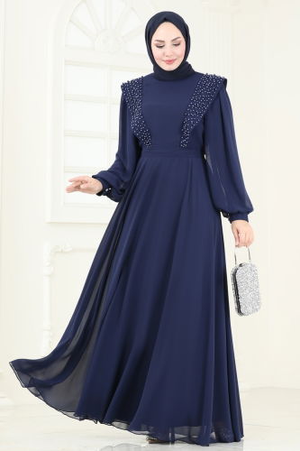 moda selvim Evening Dress 7007AB368 Navy Blue - Thumbnail