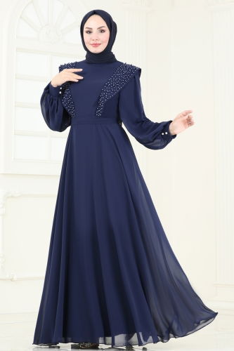 moda selvim Evening Dress 7007AB368 Navy Blue - Thumbnail