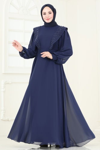 moda selvim Evening Dress 7007AB368 Navy Blue - Thumbnail