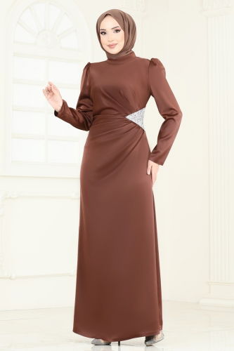 moda selvim Evening Dress 7069AB368 Brown - Thumbnail