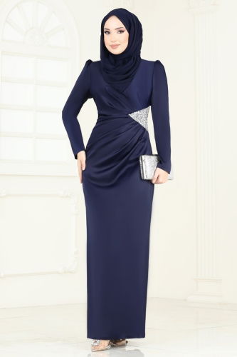 moda selvim Evening Dress 7069AB368 Navy Blue - Thumbnail