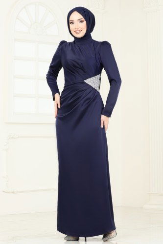 moda selvim Evening Dress 7069AB368 Navy Blue - Thumbnail