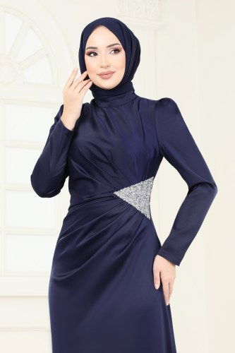 moda selvim Evening Dress 7069AB368 Navy Blue - Thumbnail