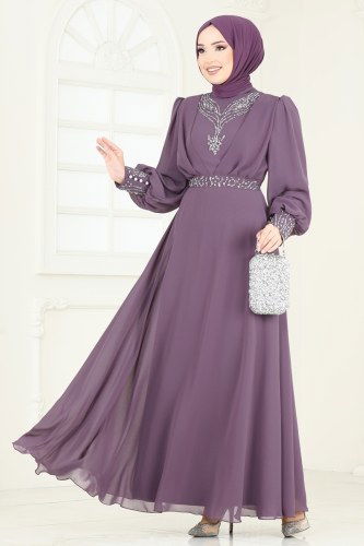 moda selvim فستان سهرة ليلكي 7084AB368 - Thumbnail