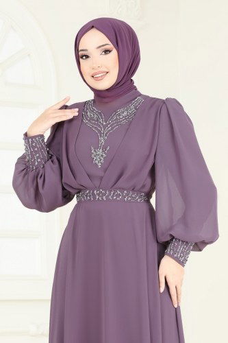 moda selvim فستان سهرة ليلكي 7084AB368 - Thumbnail