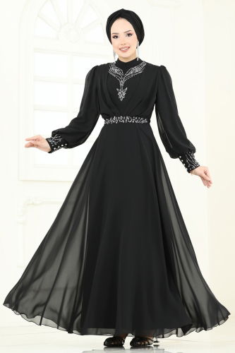 moda selvim فستان سهرة أسود 7084ABK1075 - Thumbnail