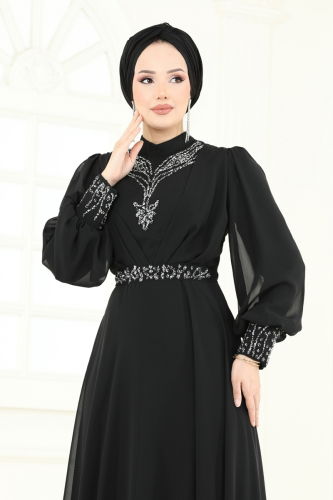 moda selvim فستان سهرة أسود 7084ABK1075 - Thumbnail
