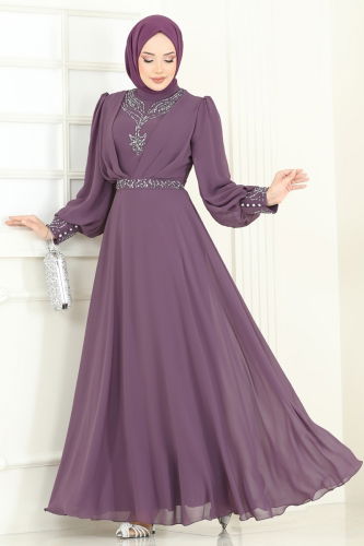 moda selvim Evening Dress 7084ABK1075 Dark Lilac - Thumbnail