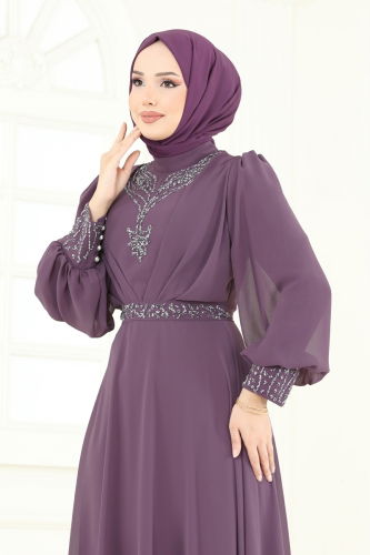 moda selvim Evening Dress 7084ABK1075 Dark Lilac - Thumbnail