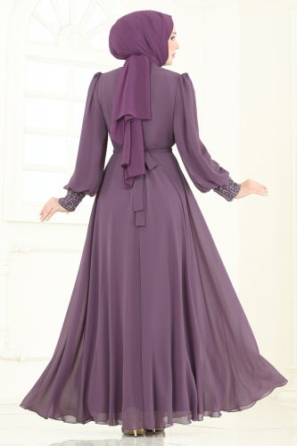 moda selvim Evening Dress 7084ABK1075 Dark Lilac - Thumbnail