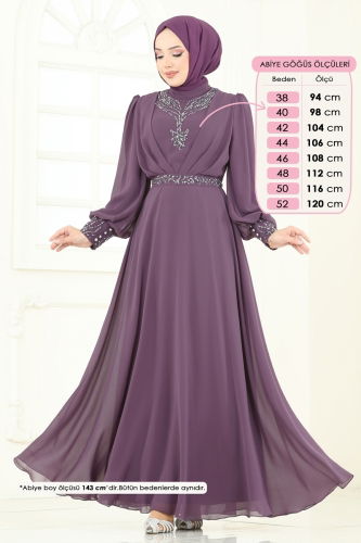 moda selvim Evening Dress 7084ABK1075 Dark Lilac - Thumbnail