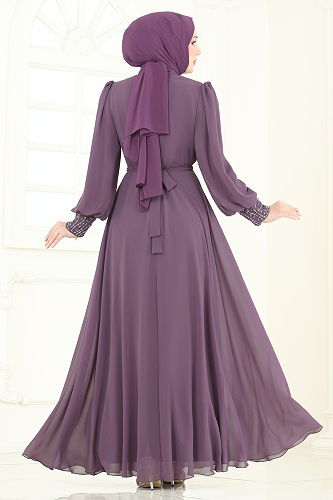 moda selvim فستان سهرة ليلكي غامق 7084ABK1075 - Thumbnail