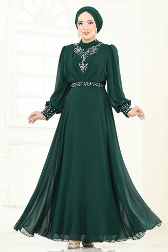moda selvim Evening Dress 7084ABK1075 Emerald - Thumbnail