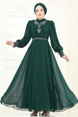 moda selvim Evening Dress 7084ABK1075 Emerald - Thumbnail