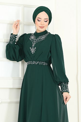 moda selvim فستان سهرة زيتي 7084ABK1075 - Thumbnail