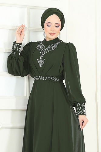 moda selvim Evening Dress 7084ABK1075 Khaki - Thumbnail