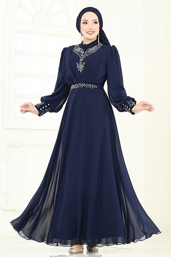 moda selvim Evening Dress 7084ABK1075 Navy Blue - Thumbnail